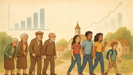 A conceptual illustration showing an aging population versus young people in a village setting, with demographic charts fading away