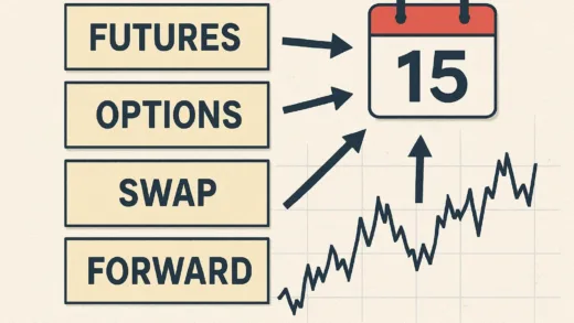 A conceptual illustration showing four different financial derivative contracts expiring on the same calendar date, with arrows pointing to a stock market graph showing high volatility