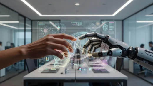 A conceptual illustration showing human hands and AI robotic hands working together in harmony on a futuristic digital project, symbolizing collaboration between people and artificial intelligence in a modern office environment with glowing connections.
