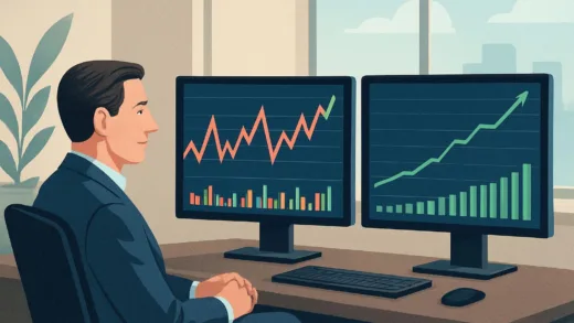A conceptual illustration showing stock market volatility with zigzag lines on a financial chart, contrasting with a calm long-term investor looking at a steadily rising trend line, set in a modern office environment with dual monitors displaying financial data.