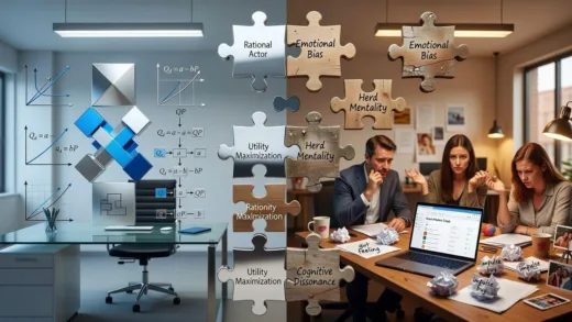 A conceptual illustration showing the contrast between classical economic theory models and real human decision-making behavior, with puzzle pieces connecting rational models to emotional human choices in a modern office setting.