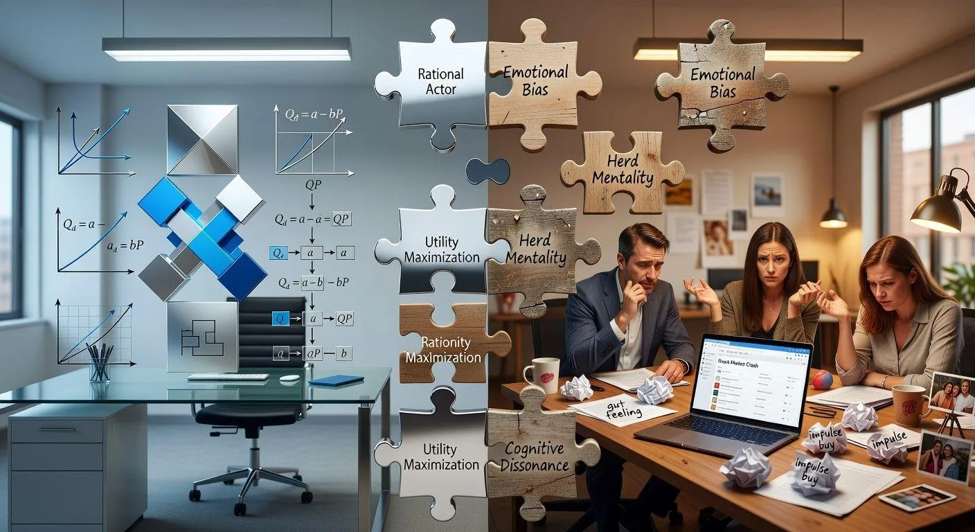 A conceptual illustration showing the contrast between classical economic theory models and real human decision-making behavior, with puzzle pieces connecting rational models to emotional human choices in a modern office setting.