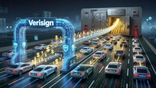 A conceptual illustration showing Verisign as a digital toll gate on the internet highway, with .com domain names flowing through as cars, and money symbols transferring to a corporate vault in the background.