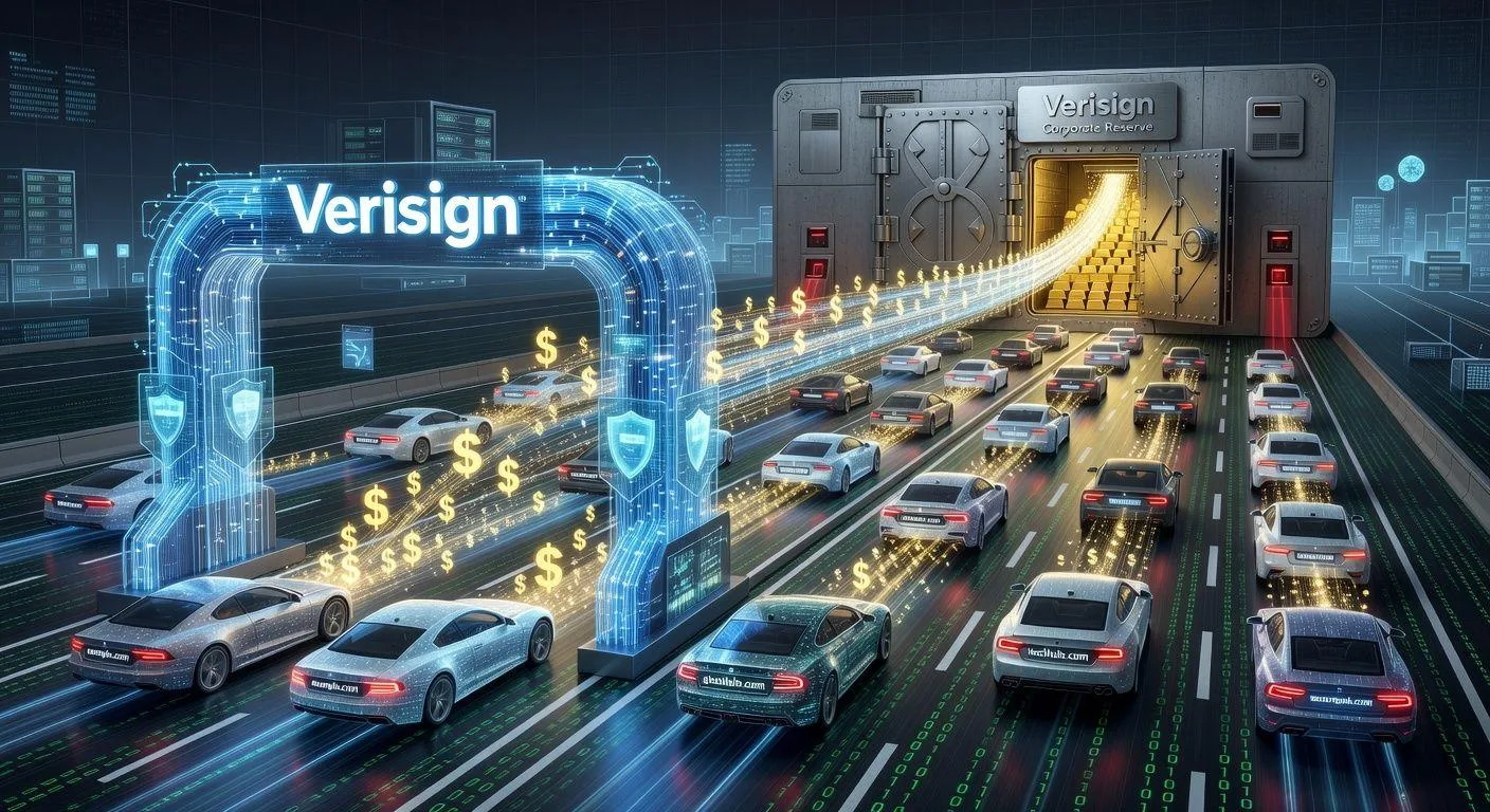 A conceptual illustration showing Verisign as a digital toll gate on the internet highway, with .com domain names flowing through as cars, and money symbols transferring to a corporate vault in the background.