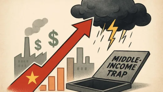 A conceptual illustration showing Vietnam's high economic growth chart juxtaposed with a dark storm cloud and a trap door labeled middle-income trap, with factory buildings and money symbols in the background.