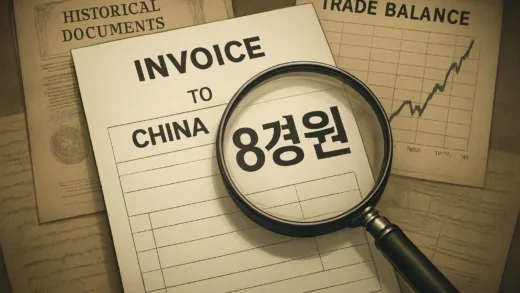 A conceptual image showing a giant invoice with "8 Kyung-won" (written in Korean as "8경원") addressed to China, with historical documents and trade balance charts in the background, a large magnifying glass scrutinizing the details, in a professional, slightly dramatic style.