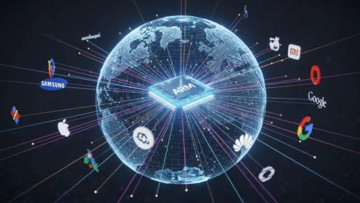A conceptual image showing a smartphone chip at the center of a globe, with lines connecting to various smartphone brands, symbolizing ARM's global dominance in the mobile chip industry. Futuristic and clean design.
