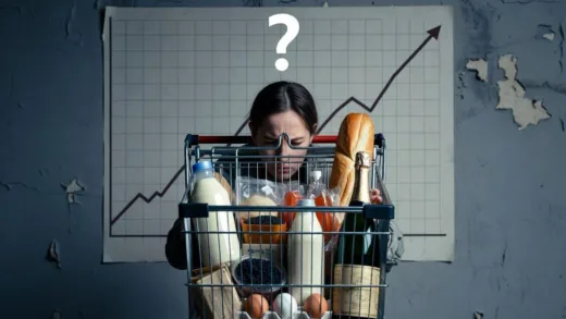 A confused person looking at a shopping cart full of expensive groceries, with a chart showing a rising exchange rate in the background, 2026, mobile-optimized.