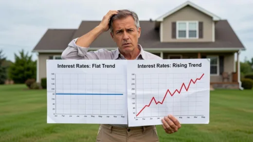 A confused person looking at two different graphs of interest rates, one flat and one rising, with a house in the background.