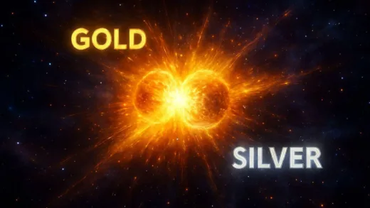A cosmic scene depicting the formation of gold and silver during a neutron star collision or a supernova explosion, with bright, radiating elements.