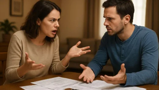 A couple having a tense discussion about money at a dining table, with financial documents spread out, showing conflicting emotions in a warm home environment