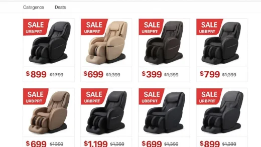 A crowded online marketplace interface with numerous massage chairs listed at discounted prices, showing urgent sale tags and low prices compared to original costs.
