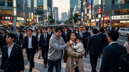 A crowded street in Tokyo, Japan, with many people walking. Focus on a subtle interaction where one person looks like they are intentionally bumping into another person's shoulder, who is holding a child. The atmosphere is bustling but with a hint of tension. Realistic, modern city scene.