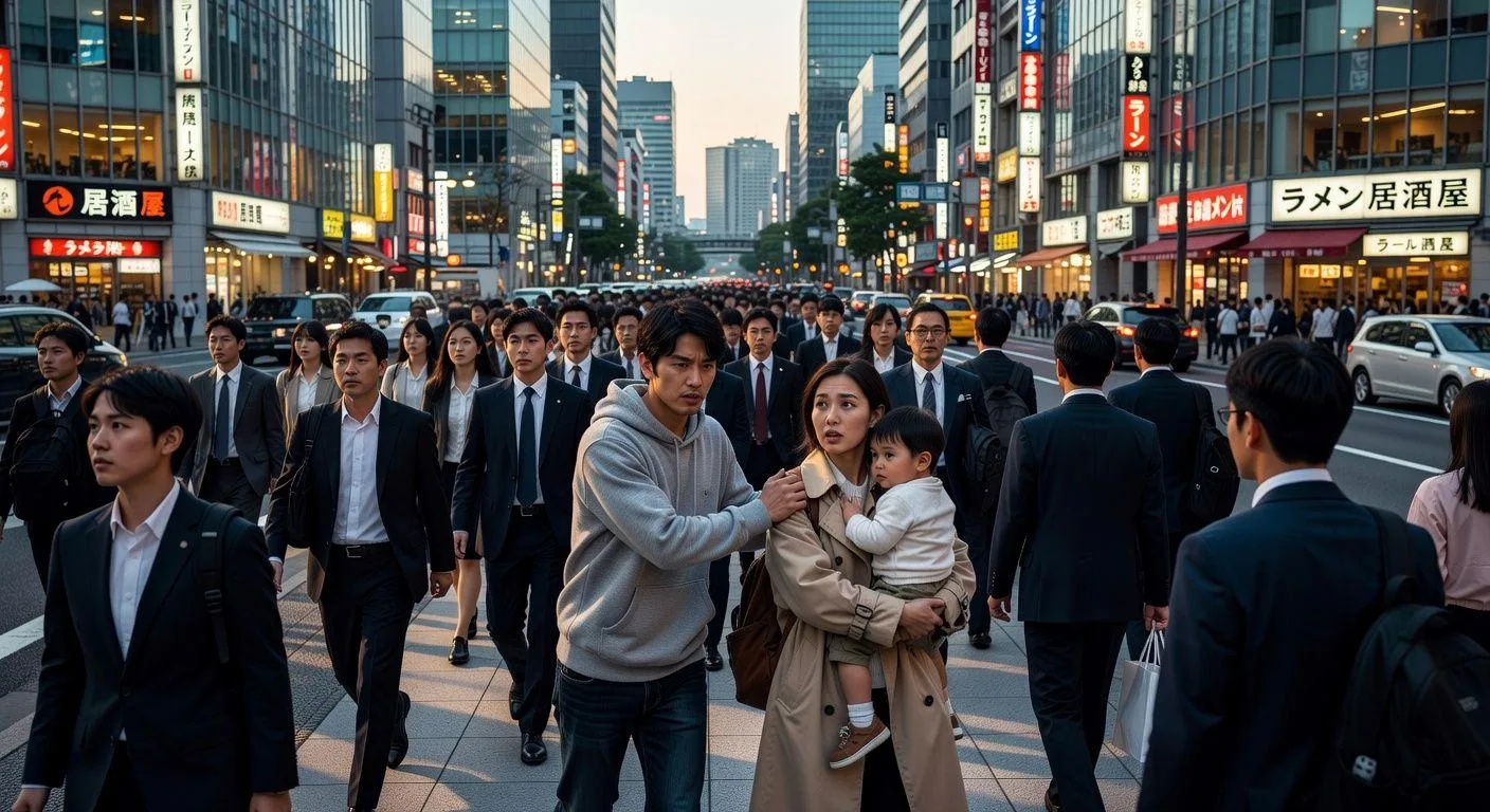 A crowded street in Tokyo, Japan, with many people walking. Focus on a subtle interaction where one person looks like they are intentionally bumping into another person's shoulder, who is holding a child. The atmosphere is bustling but with a hint of tension. Realistic, modern city scene.