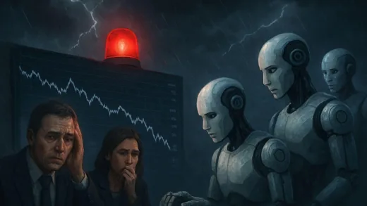 A dark, stormy financial market with a red warning light, AI robots disrupting traditional software, and worried investors.