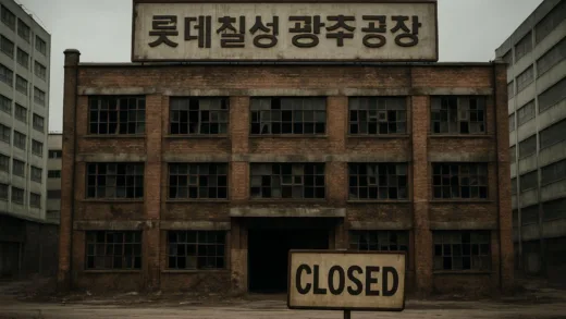 A deserted, old factory building with a "Closed" sign, conveying a sense of loss and abandonment in a city setting. The factory should have a sign that says "Lotte Chilsung Gwangju Factory" in Korean.