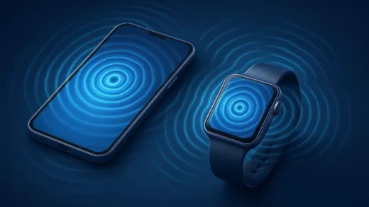 A detailed 3D illustration showing haptic feedback waves emanating from a smartphone and a smartwatch, with tactile sensations visualized as ripples and vibrations in the air, futuristic technology concept