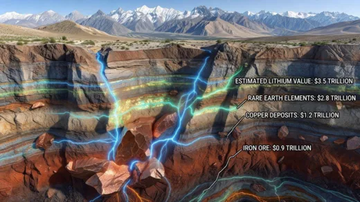 A detailed cross-section illustration of Afghanistan's mountainous terrain showing layers of lithium, rare earth elements, copper, and iron ore deposits buried underground, with glowing mineral veins and estimated value labels in trillions of dollars.