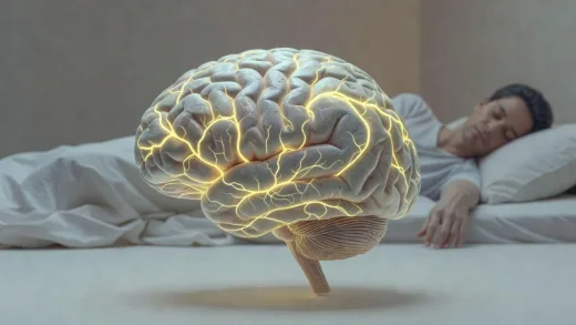 A detailed illustration of a human brain with glowing neural networks, showing the default mode network (DMN) activity as yellow pathways, with a person resting on a bed in the background, concept of brain fatigue and mental exhaustion, digital art style, soft lighting, neuroscience visualization.