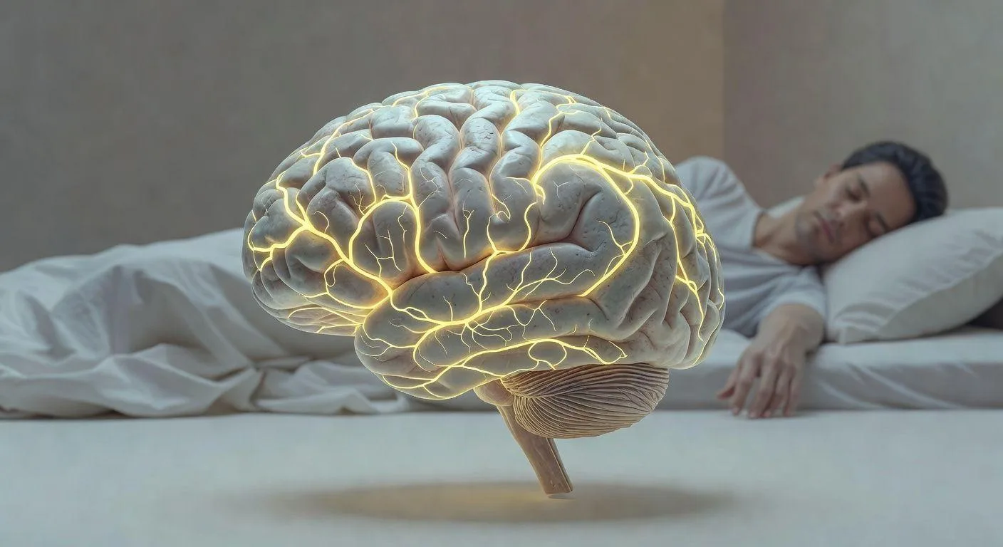 A detailed illustration of a human brain with glowing neural networks, showing the default mode network (DMN) activity as yellow pathways, with a person resting on a bed in the background, concept of brain fatigue and mental exhaustion, digital art style, soft lighting, neuroscience visualization.