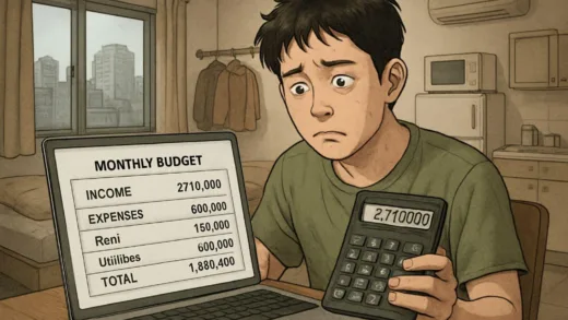 A detailed illustration of a young person in their 20s holding a calculator, looking at a monthly budget spreadsheet on a laptop screen showing 2.71 million KRW income and expenses like rent, utilities, and food. The background shows a small studio apartment in Seoul with visible financial stress.