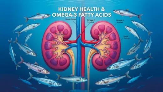 A detailed illustration of human kidneys with fish swimming around them, showing the connection between kidney health and omega-3 fatty acids, medical style with vibrant colors