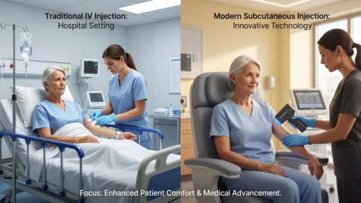 A detailed illustration showing a comparison between traditional intravenous injection in a hospital setting and modern subcutaneous injection using innovative technology, with a focus on patient comfort and medical advancement.