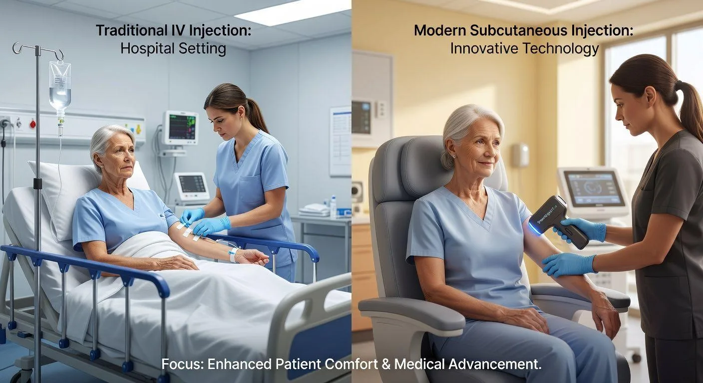 A detailed illustration showing a comparison between traditional intravenous injection in a hospital setting and modern subcutaneous injection using innovative technology, with a focus on patient comfort and medical advancement.