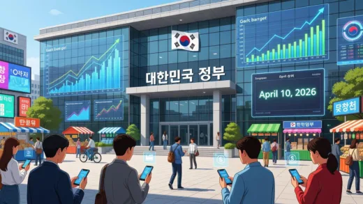 A detailed illustration showing a South Korean government building with financial charts and a calendar showing April 10, 2026, with citizens receiving digital local currency on their smartphones, vibrant economic activity in the background