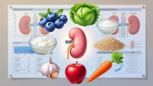 A detailed illustration showing seven different superfoods for kidney health arranged in a circle: blueberries, cabbage, egg whites, brown rice, garlic, apple, and carrot, with a healthy kidney organ in the center, medical chart in background, bright and hopeful color scheme