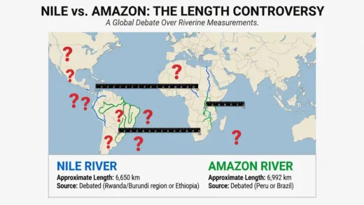 A detailed infographic showing the Nile River and Amazon River on a world map, with question marks and measuring tapes overlayed, illustrating the length comparison controversy.