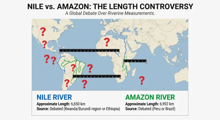 A detailed infographic showing the Nile River and Amazon River on a world map, with question marks and measuring tapes overlayed, illustrating the length comparison controversy.