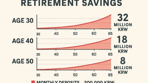 A detailed infographic showing three different age timelines (30, 40, 50 years old) with compounding growth charts, comparing retirement savings amounts at age 65. Visual representation of 30 million won monthly deposits growing over time with dramatic differences in final amounts.
