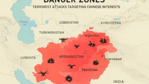 A detailed map of Central Asia and South Asia with red danger zones highlighting terrorist attack locations targeting Chinese interests in Tajikistan, Afghanistan, and Pakistan, with drone and explosion icons overlaying the map