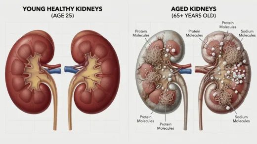 A detailed medical illustration showing comparison of young healthy kidneys versus aged kidneys in a 65+ year old person, with visual representation of protein and sodium molecules overwhelming the older kidney's filtration system, professional medical artwork style