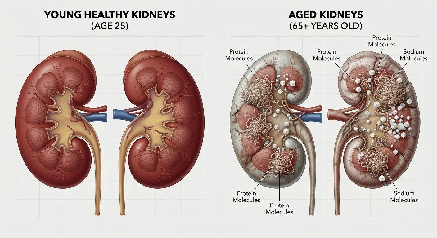 A detailed medical illustration showing comparison of young healthy kidneys versus aged kidneys in a 65+ year old person, with visual representation of protein and sodium molecules overwhelming the older kidney's filtration system, professional medical artwork style