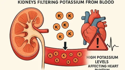 A detailed medical illustration showing kidneys filtering potassium from blood, with warning signs indicating high potassium levels affecting heart rhythm, using a scientific diagram style.