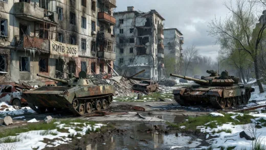 A detailed realistic illustration of a war-torn urban landscape in Ukraine with destroyed buildings and military vehicles, showing the ongoing conflict in 2026, with snow melting and spring approaching but destruction everywhere.