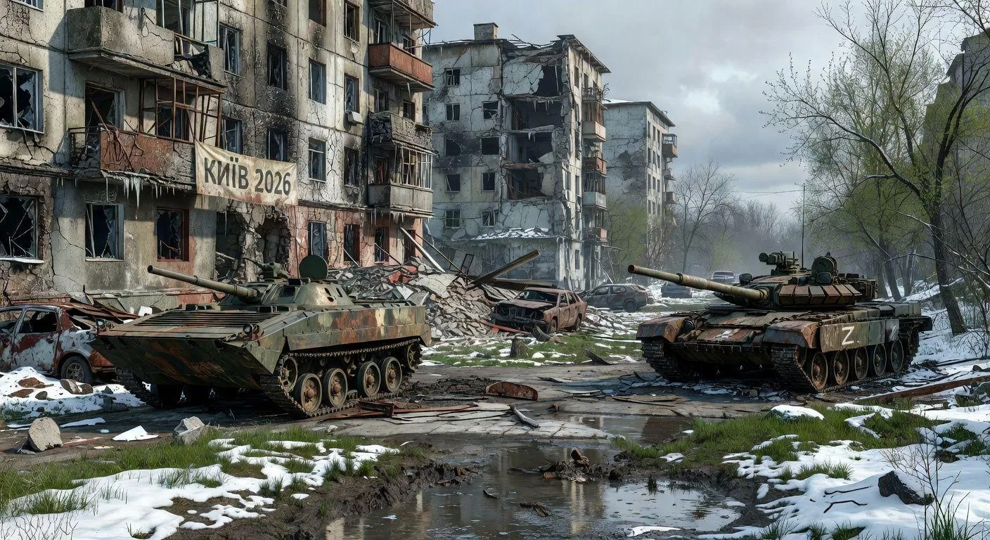 A detailed realistic illustration of a war-torn urban landscape in Ukraine with destroyed buildings and military vehicles, showing the ongoing conflict in 2026, with snow melting and spring approaching but destruction everywhere.