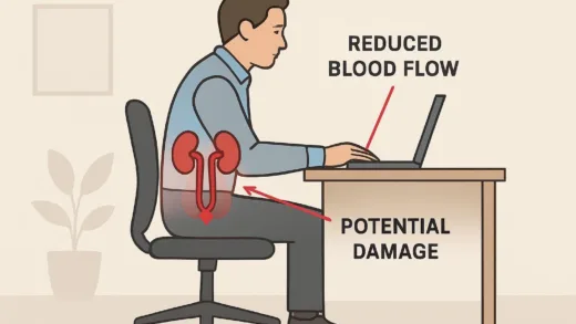 A diagram showing a person sitting for a long time, with arrows pointing to the kidneys, illustrating reduced blood flow and potential damage. The person is in an office setting.