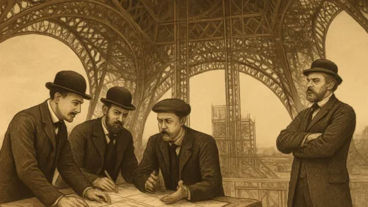 A diagram showing the internal structure of the Eiffel Tower, with three engineers and an architect discussing blueprints, while Gustave Eiffel oversees the project from a distance. The scene should be set in the late 19th century, with a focus on engineering and design.