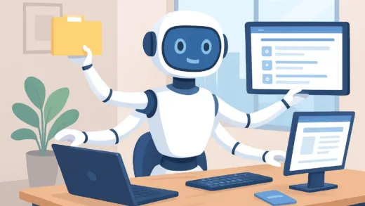 A digital assistant character with multiple arms efficiently managing files and tasks on various screens, symbolizing an AI agent actively working, in a modern office setting.