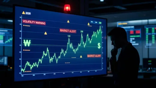 A digital display showing a rapidly increasing exchange rate graph, with Korean Won and US Dollar symbols, overlaid with subtle warning signs like a flickering red light and a concerned investor's silhouette, set in 2026.