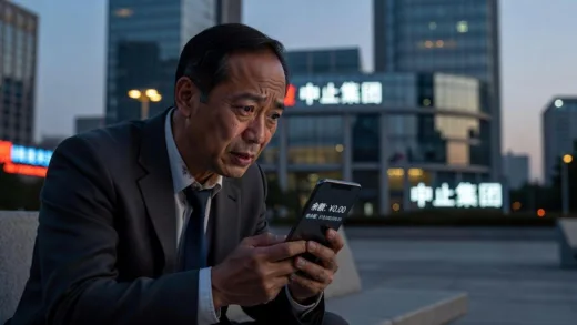 A distressed Chinese investor looking at an empty bank account screen, with a blurry background of a large, modern building in a Chinese city, symbolizing the Zhongzhi Group. The investor's face shows despair, and the screen displays zero balance despite a large number previously shown.