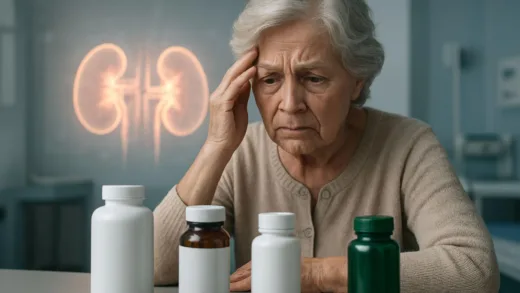 A distressed senior woman looking at various health supplement bottles, with a translucent, glowing kidney filter visibly struggling in the background. Hospital environment or medical setting.