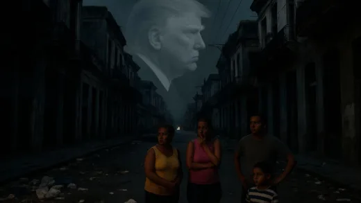 A distressed street scene in Havana, Cuba, with some buildings dark due to power outages and scattered trash, while a small group of people look on with concern. In the background, a subtle, almost ghostly image of Donald Trump's profile.
