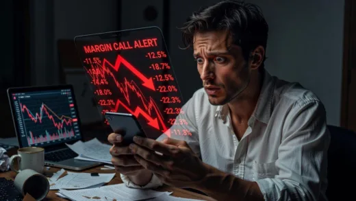A distressed young investor staring at a smartphone screen showing margin call alerts and crashing stock charts, with red downward arrows and percentage loss numbers flashing on the screen.
