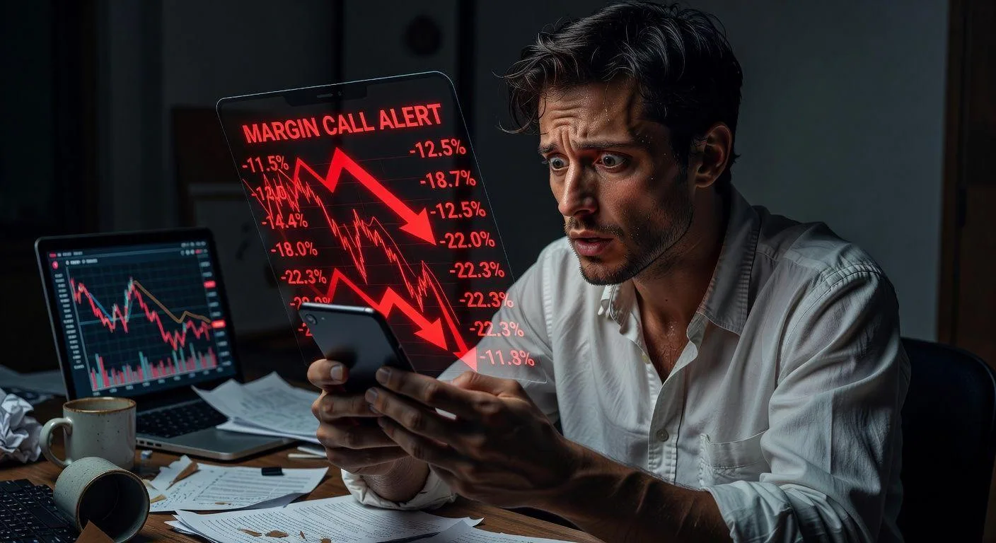 A distressed young investor staring at a smartphone screen showing margin call alerts and crashing stock charts, with red downward arrows and percentage loss numbers flashing on the screen.