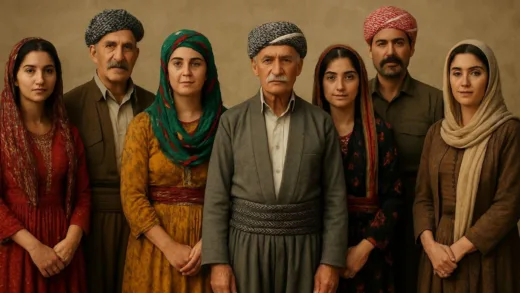 A diverse group of Kurdish people from different regions of the Middle East, illustrating their large population and unique cultural identity.