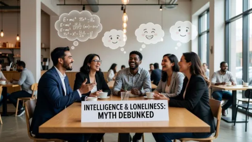 A diverse group of smart-looking people laughing and interacting in a modern, bright cafe setting, debunking a myth about intelligence and loneliness, with subtle thought bubbles showing equations and friendly faces.